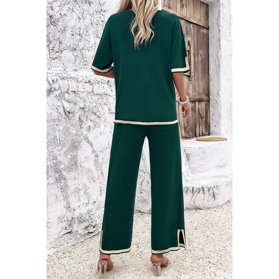 Two Piece Knit Short Sleeve Wide Leg Lounge Set