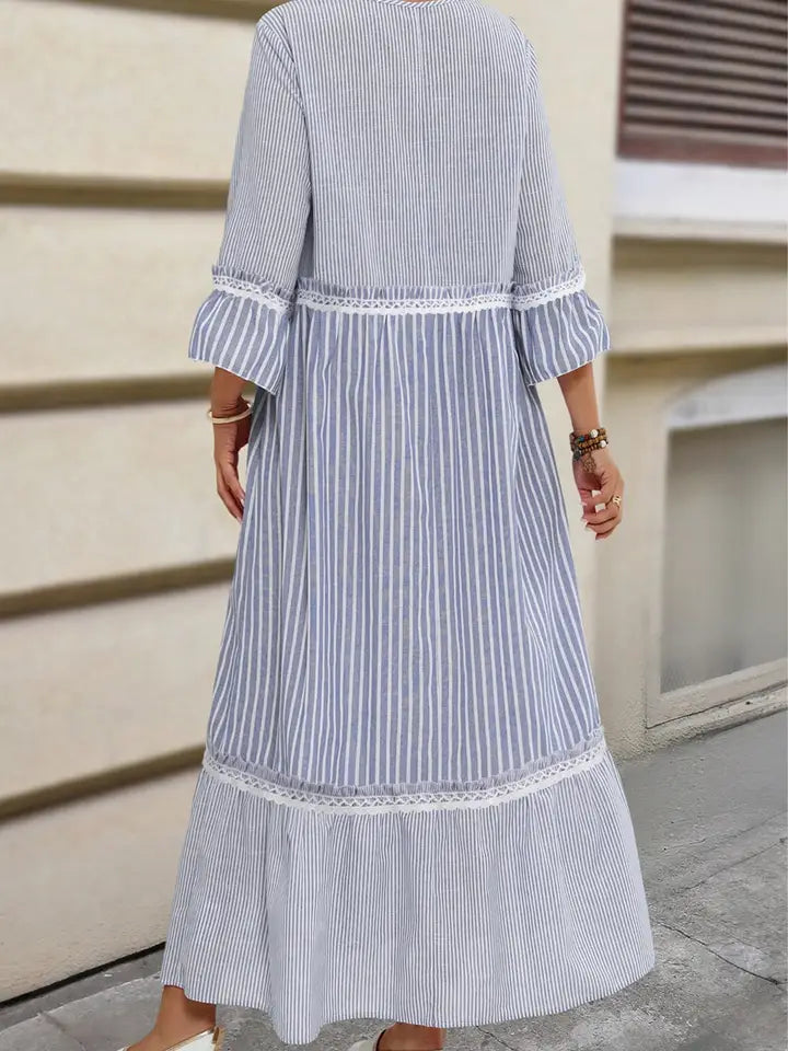 Stripe Patchwork Crossed Lace Detail Bracelet Sleeve Maxi Dress