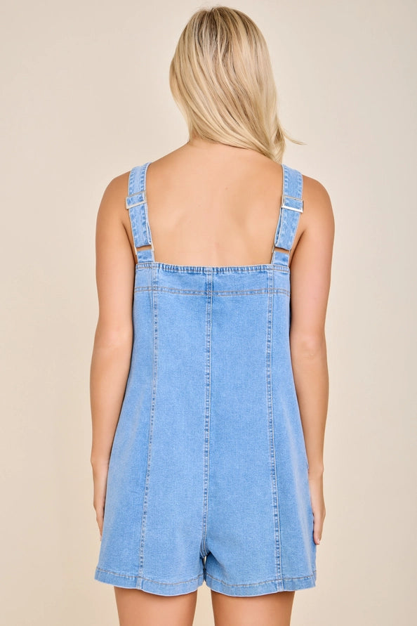 Denim Zip Front Tie Strap Romper – Light Wash