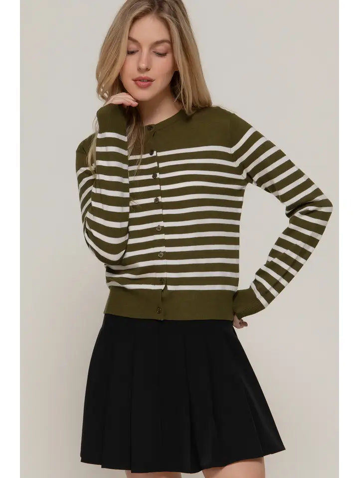 Long Sleeve Crew Neck Stripe Sweater Cardigan