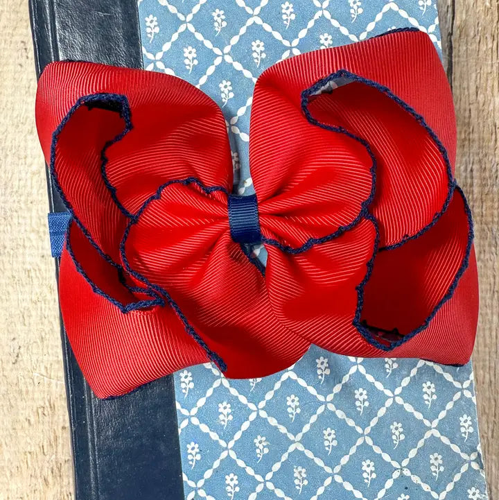 Red with Navy Moonstitch Bow Headband