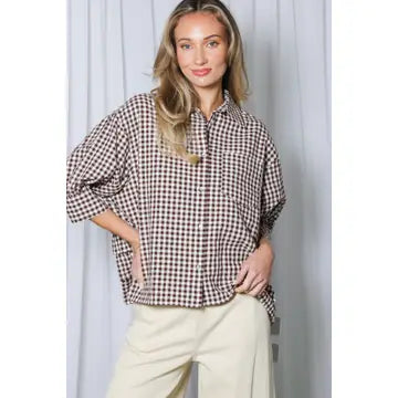 Brown Gingham Ruffle Accent Shirt