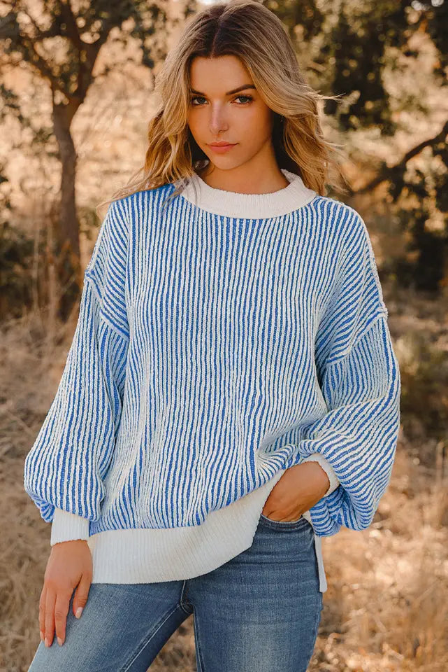 Stripe Textured Knit Contrast Edge Loose Sweater