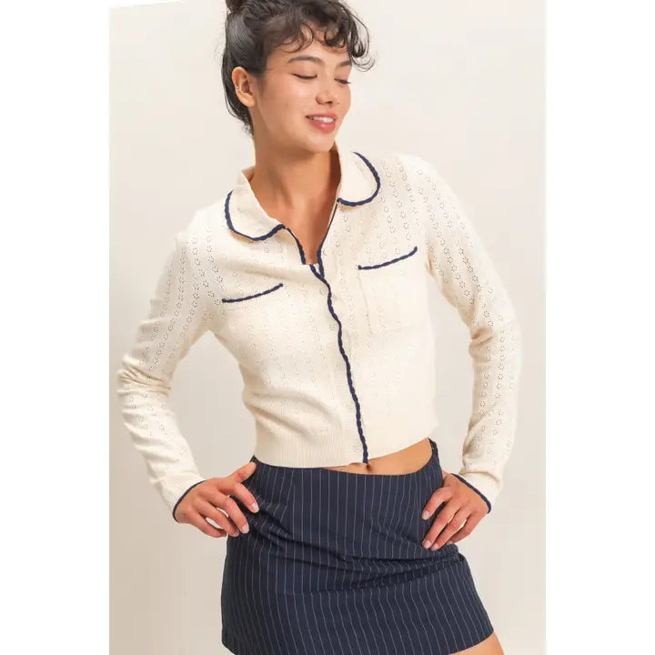 Cream Collared Pointelle Knit Cardigan