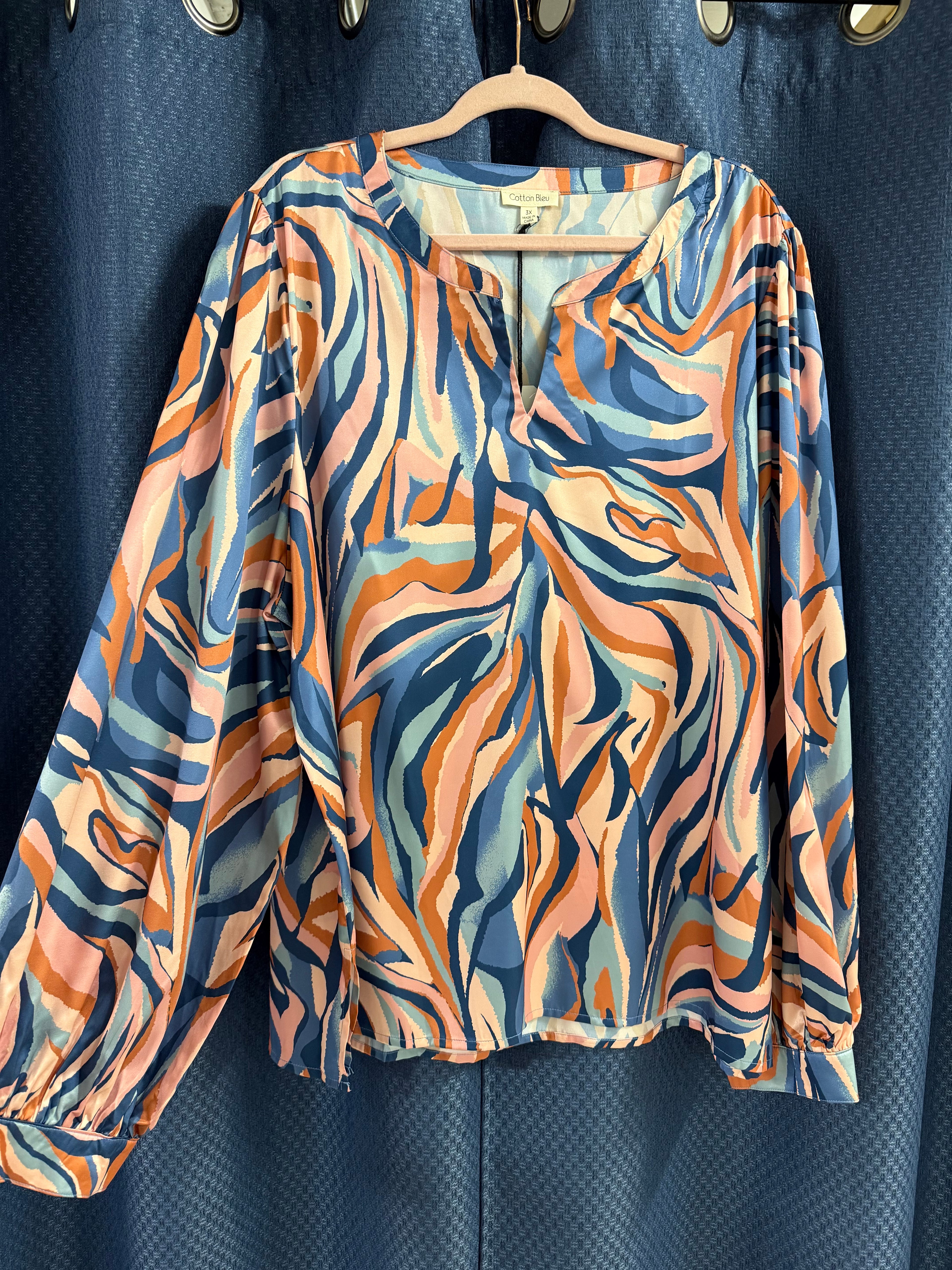 Plus Size Satin Abstract Long Sleeve Blouse