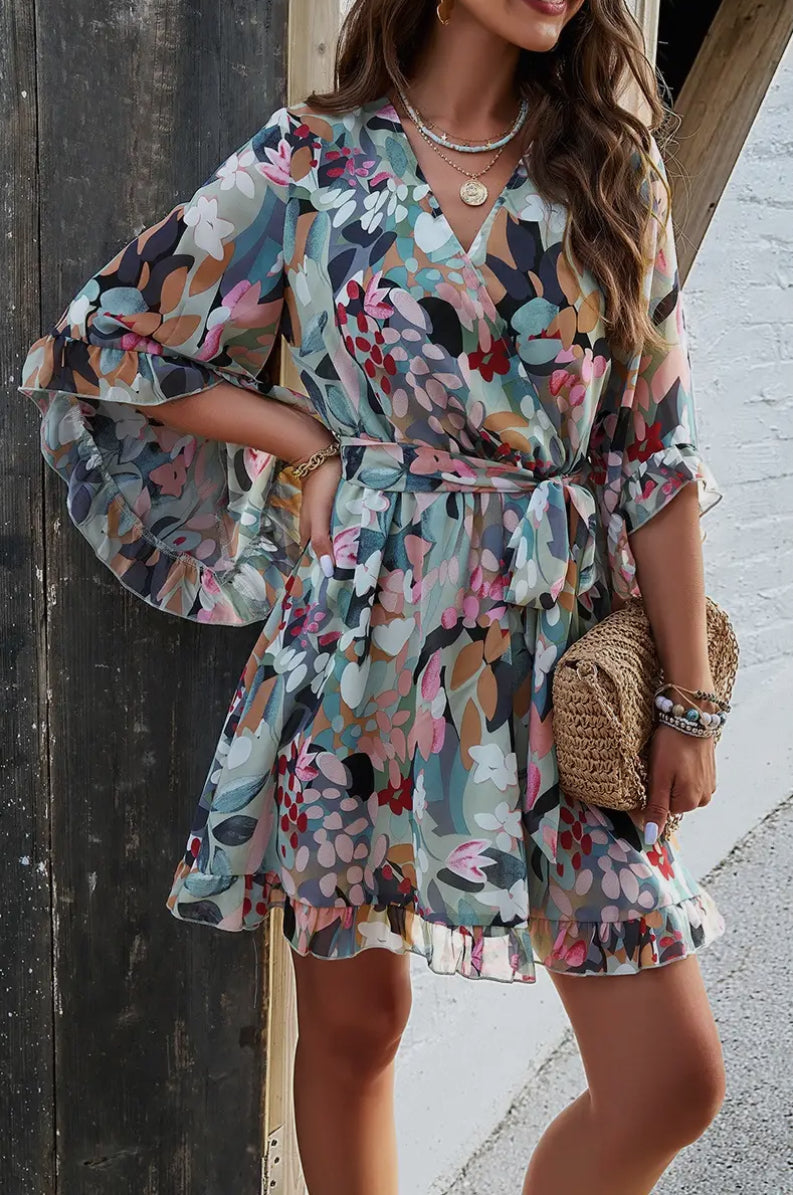 Floral V-Neck Waist Tie Ruffle Hem Wrap Dress