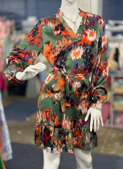 Watercolor Long Sleeve Tie Dress
