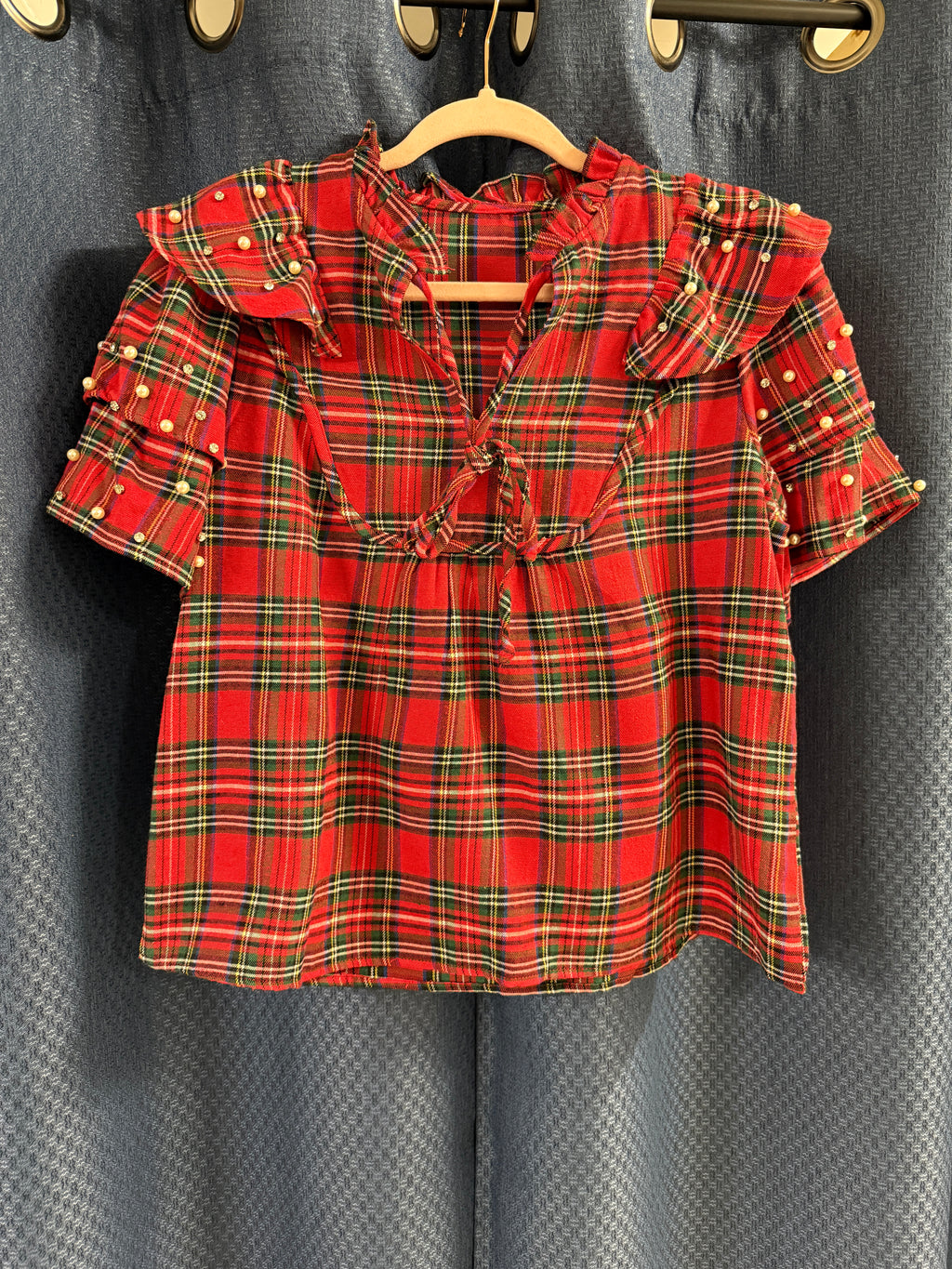 Red Christmas Plaid Pearl Ruffle Short Sleeve Holiday Blouse