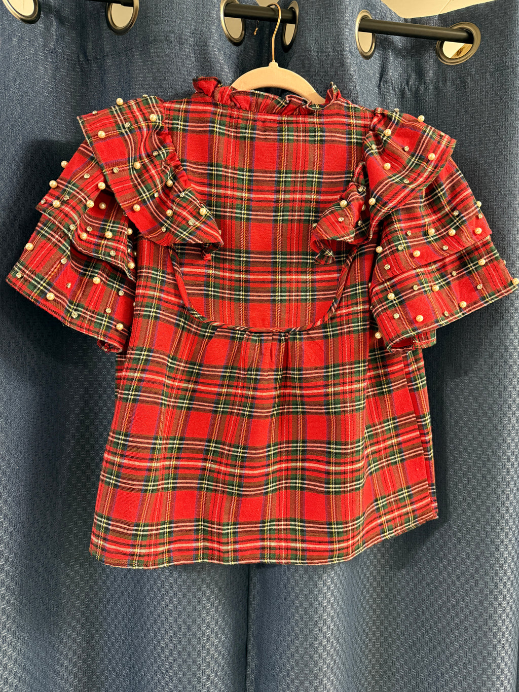 Red Christmas Plaid Pearl Ruffle Short Sleeve Holiday Blouse