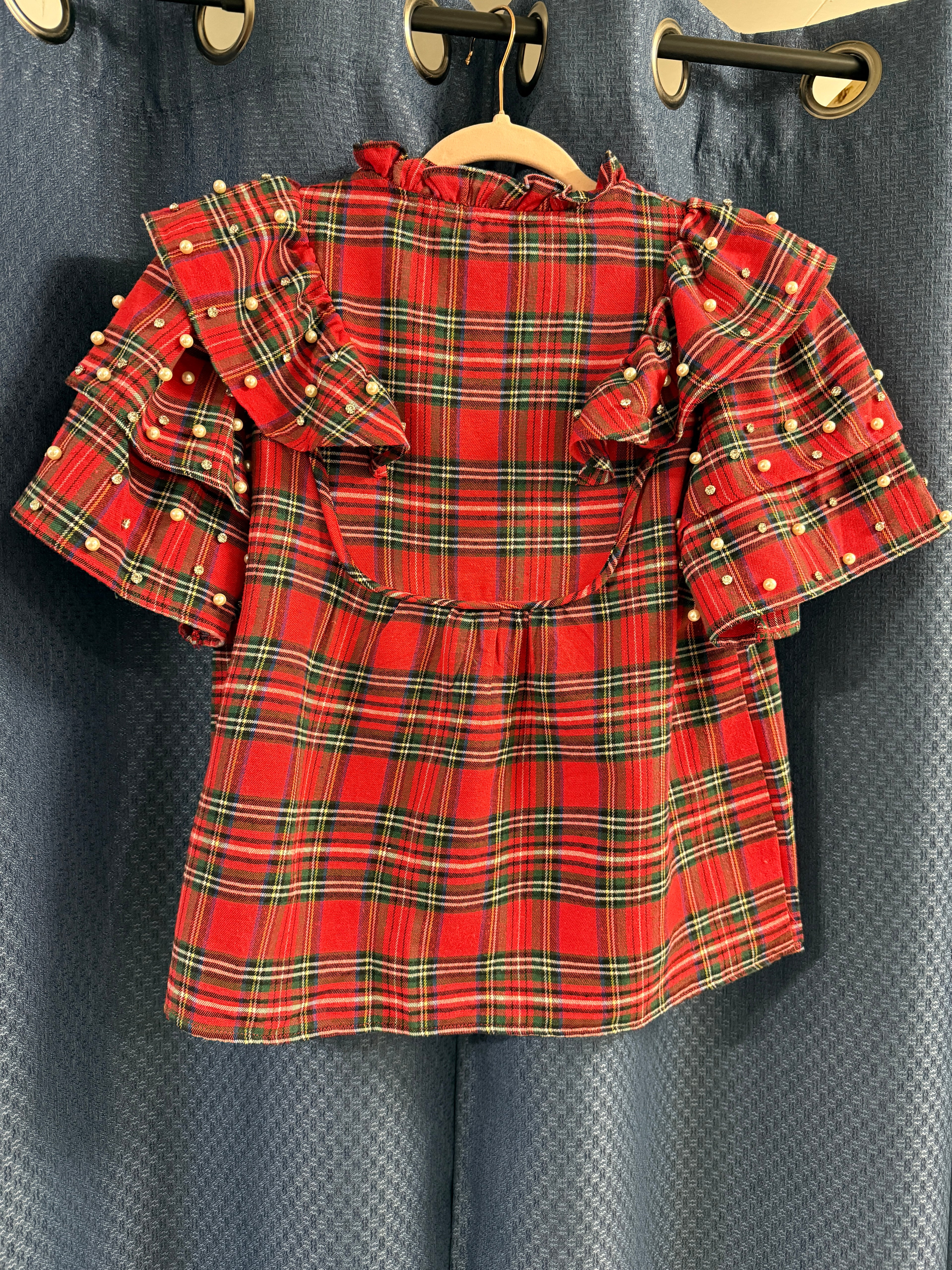 Red Christmas Plaid Pearl Ruffle Short Sleeve Holiday Blouse