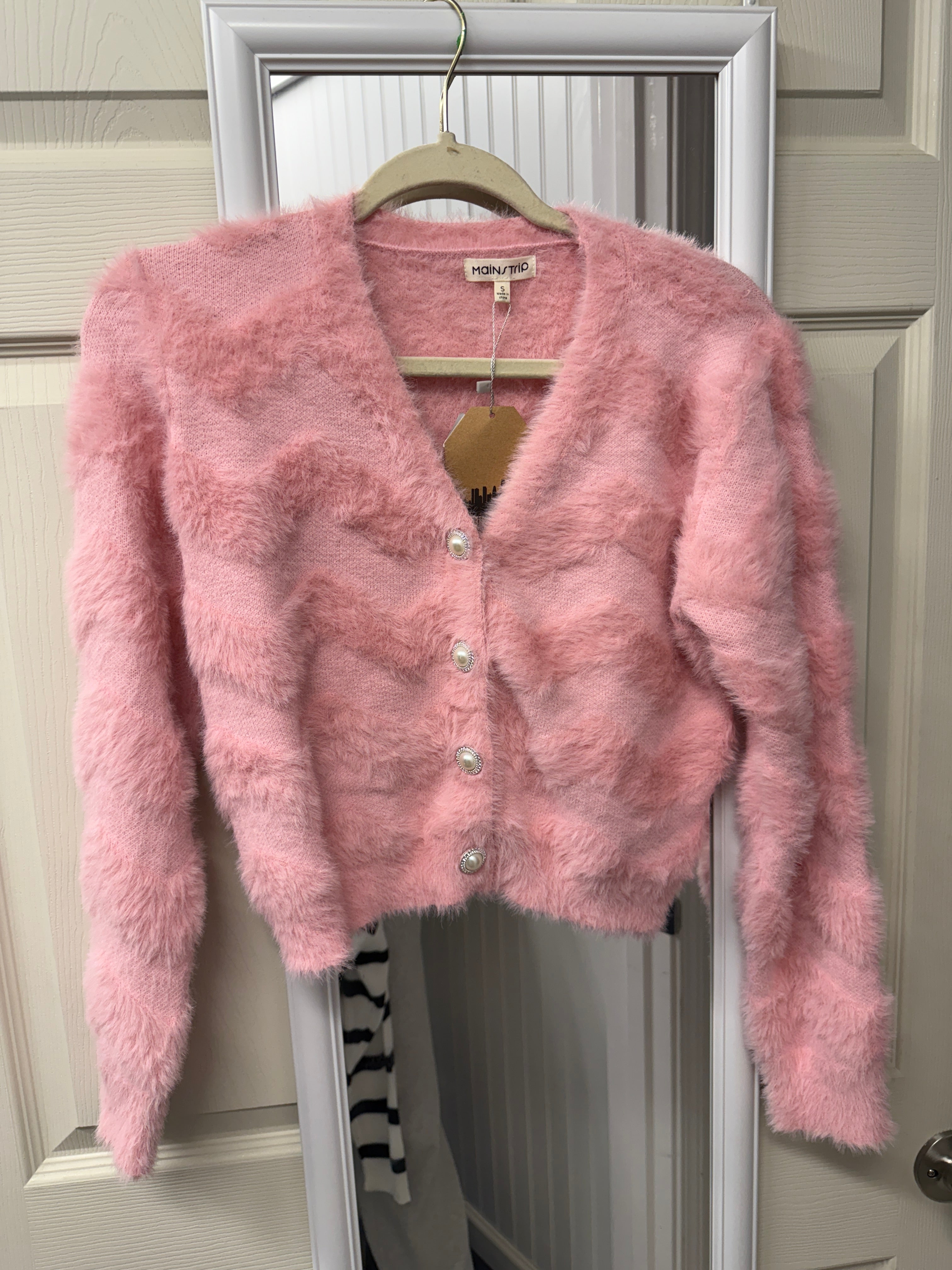 pink fuzzy cropped button-up cardigan