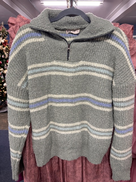 Sage Striped Quarter Zip Sweater