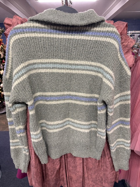 Sage Striped Quarter Zip Sweater