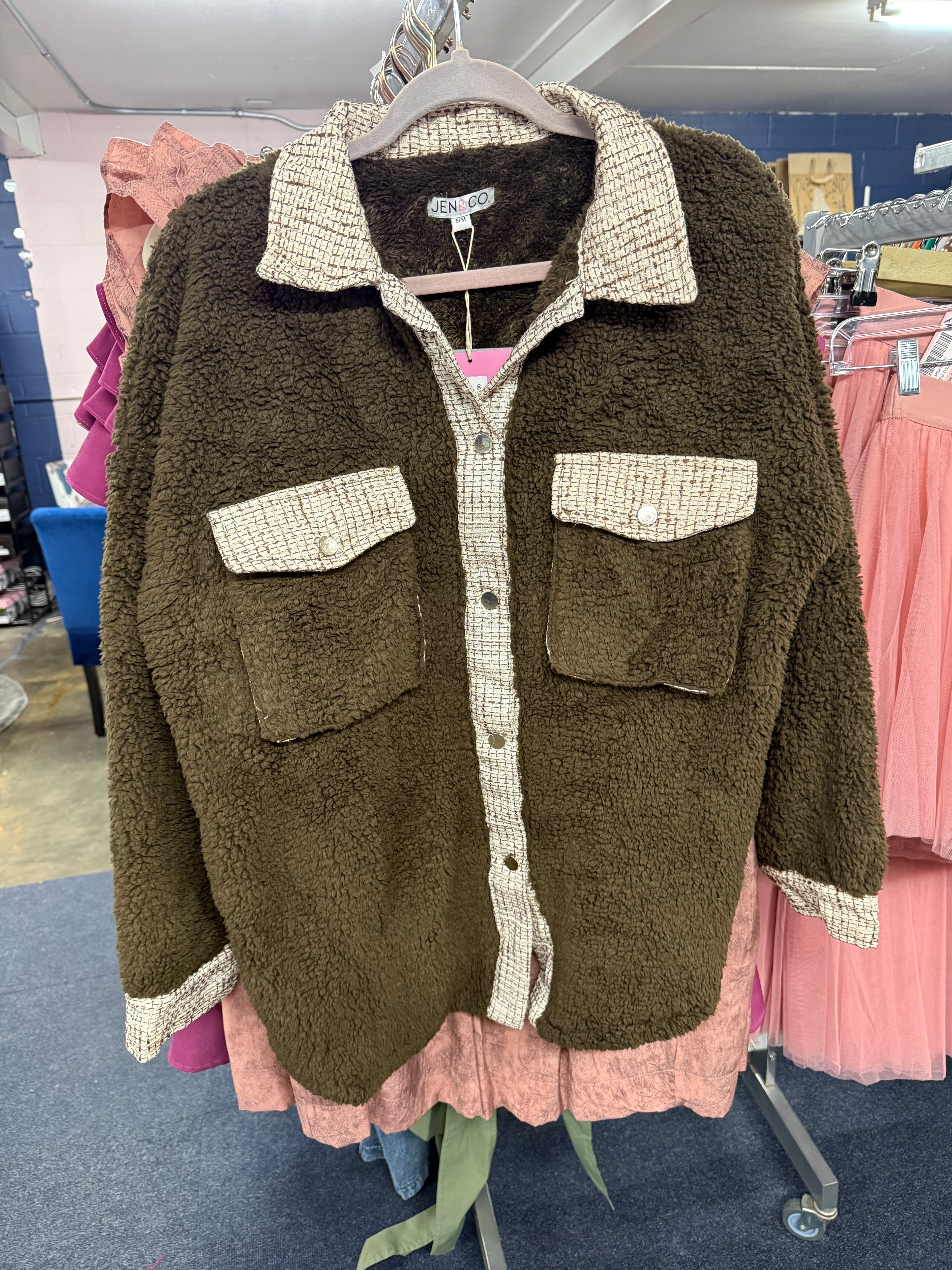 Furry Chocolate Shacket with Contrast Trim