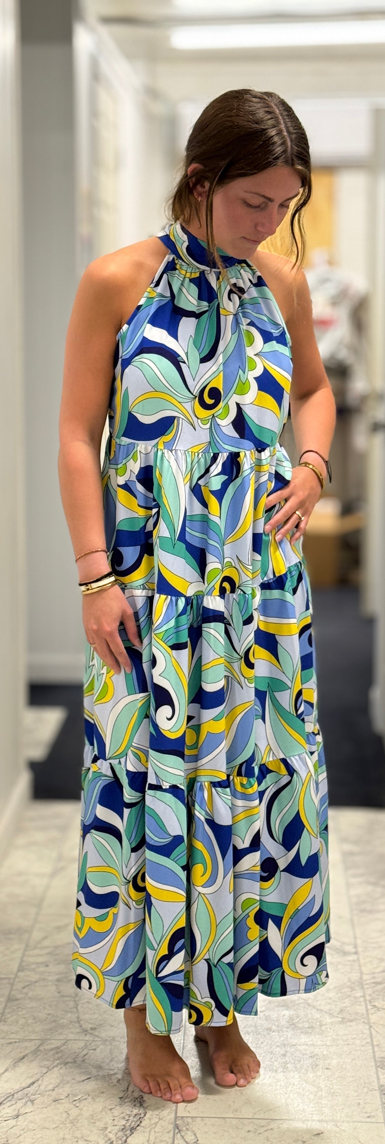 Blue Mix Halter Neck Maxi Dress