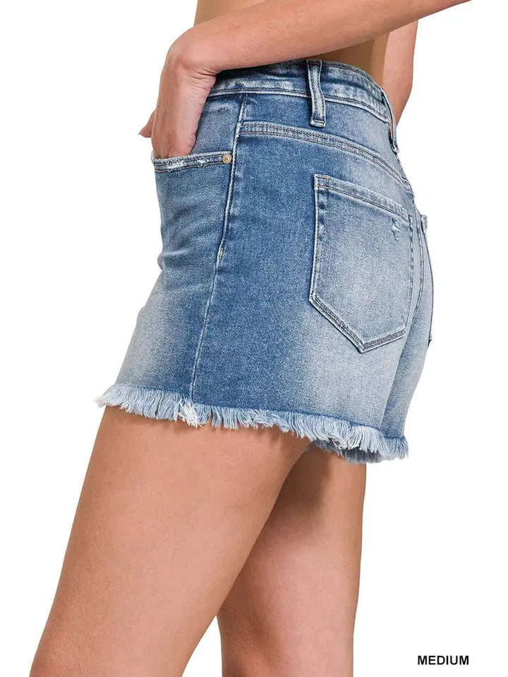 Mid Rise Raw Frayed Hem Denim Shorts