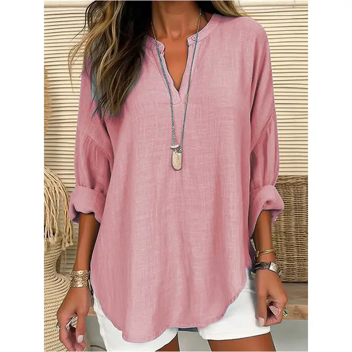 Linen Look Long Sleeve Casual V-Neck Top