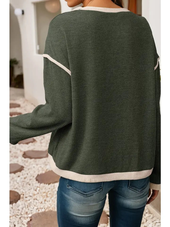 Merry Graphic Contrast Trim Christmas Knitted Top