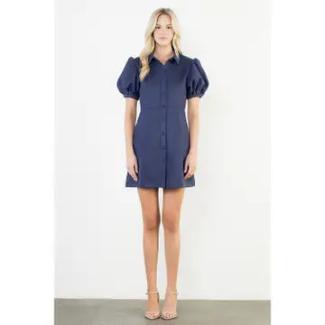Puff Sleeve Button Up Suede Dress