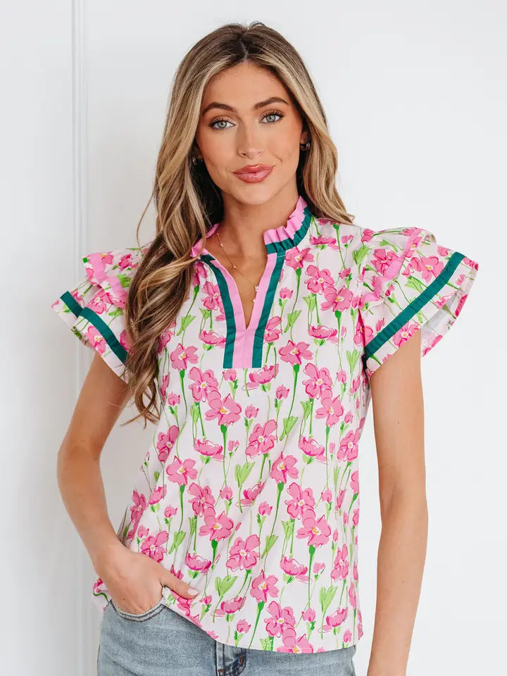 Floral Contrast Trim V-Neck Ruffle Short Sleeve Blouse