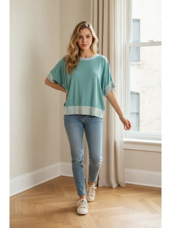 Green Solid Half Sleeve Crop Top with Stripe Sleeves