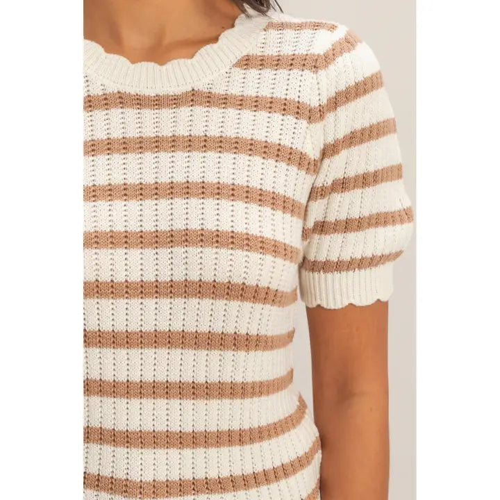 Taupe Scallop Edge Puff Sleeve Knit Top