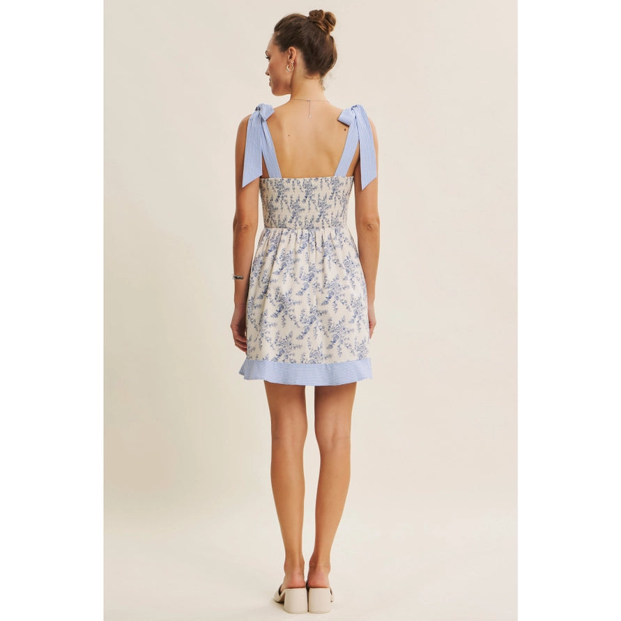 Sunshine Filled Days Toile Babydoll Smocked Back Mini Dress