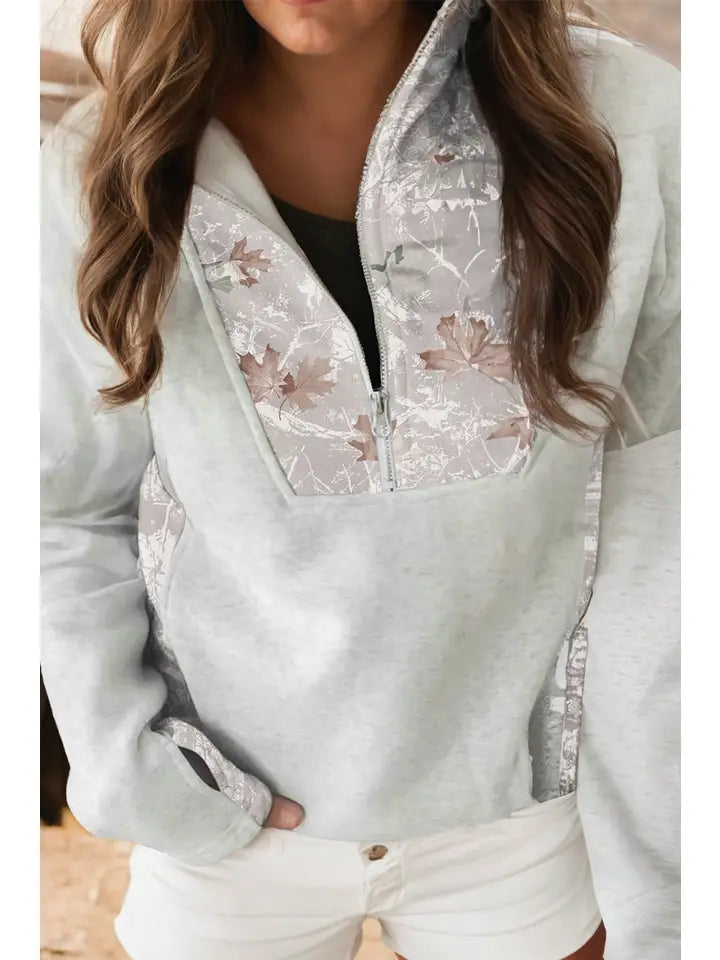 Camo Leaves Patched Zip Collar Pullover Plus Size Sweatshirt