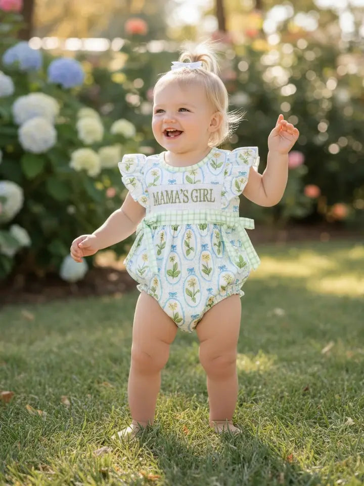 Mama's Girl" Green Floral Multi Printed Baby Romper