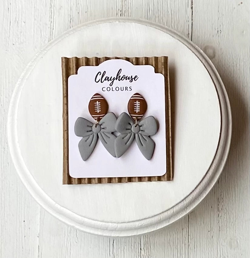 Handmade Clay Football & Bow Earrings