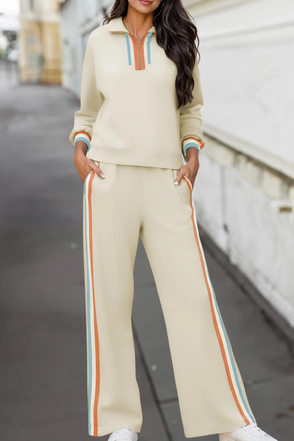 Apricot Striped Trim Zip Collared Pullover & Pants Set