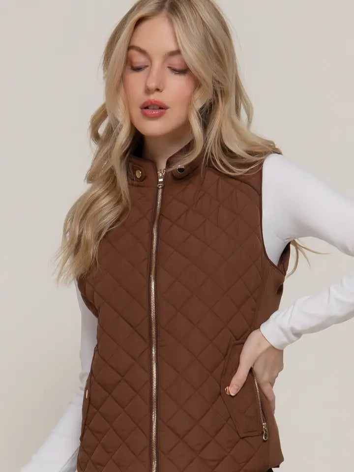 Suede Piping Detail Rib Quilted Padding Vest