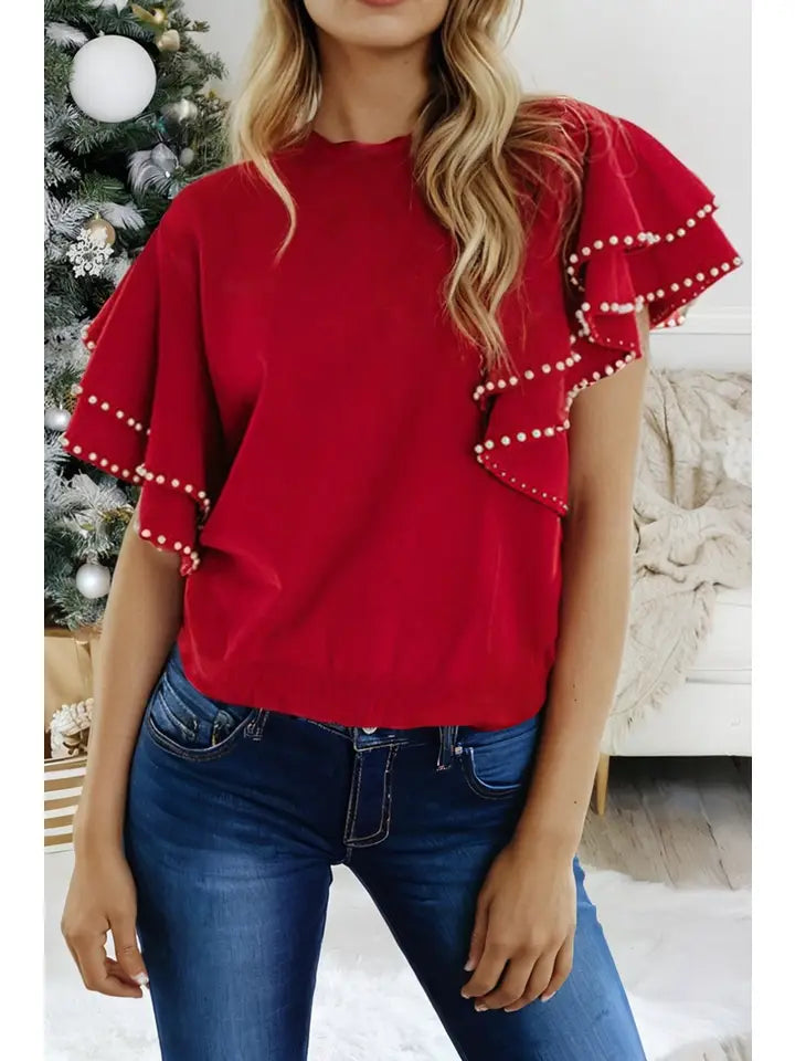 Pearl Embellished Double Ruffle Short Sleeve Sweater