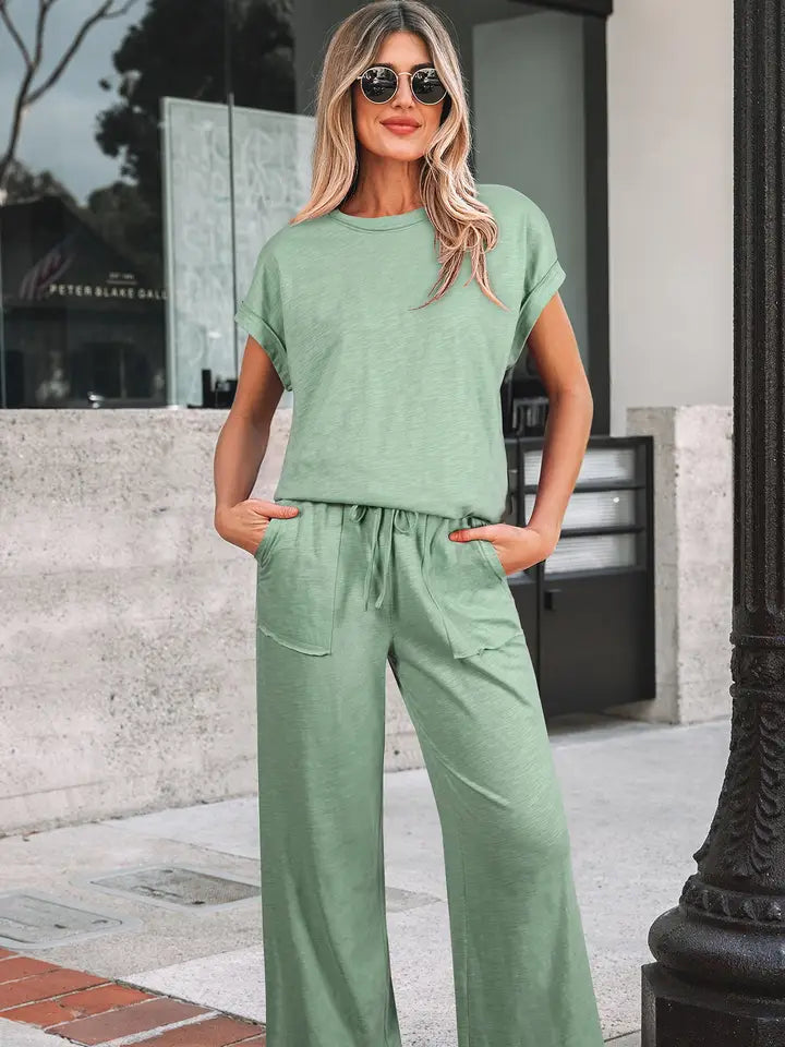Solid Short Sleeve Tee and Pants Set