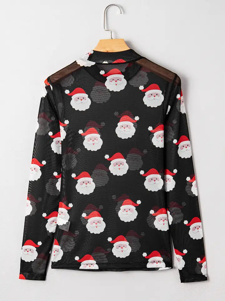 Christmas Fashion Print Mesh Long Sleeve Top