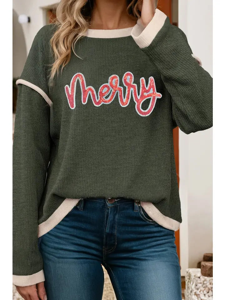 Merry Graphic Contrast Trim Christmas Knitted Top