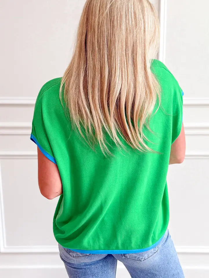Green Contrast Trim Round Neck Short Sleeve Loose Knit Sweater