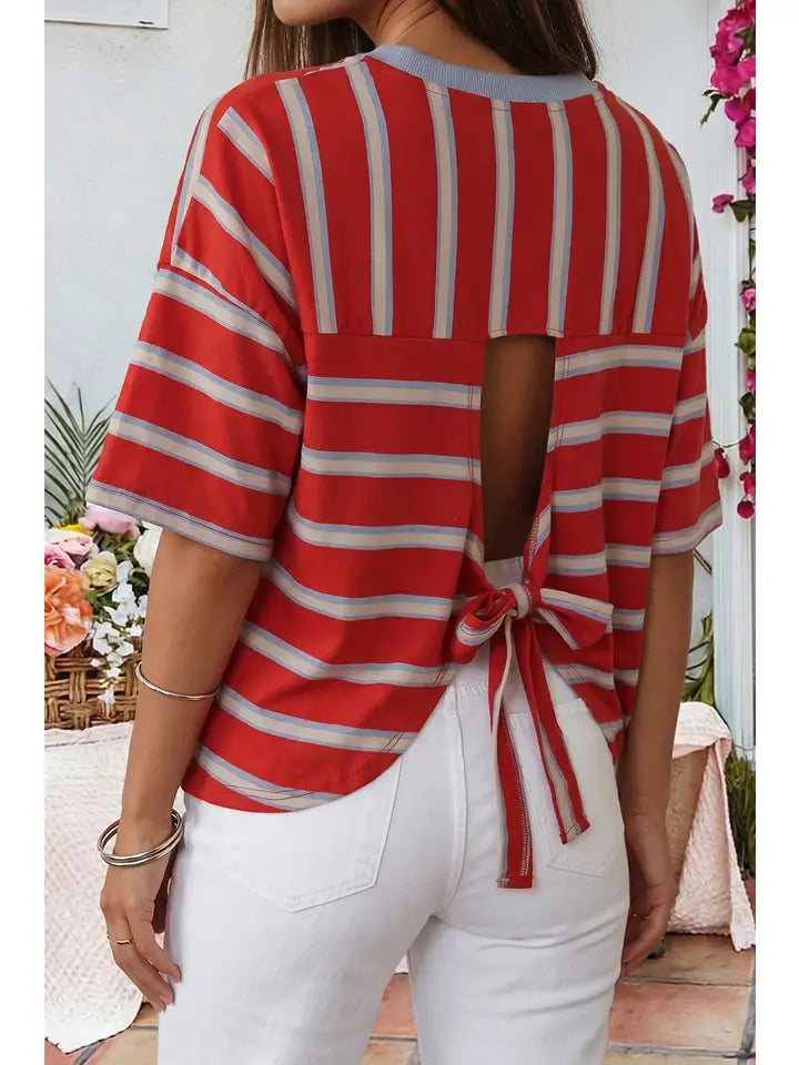 Red Striped Round Neck Backless Bow Blouse