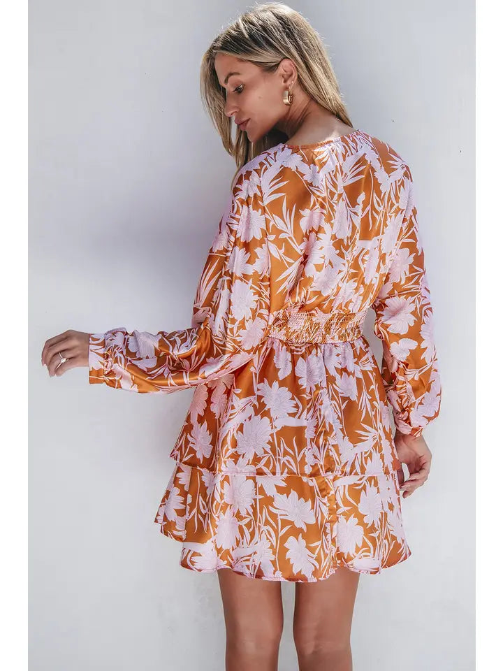 Floral long sleeve double tiered mini dress