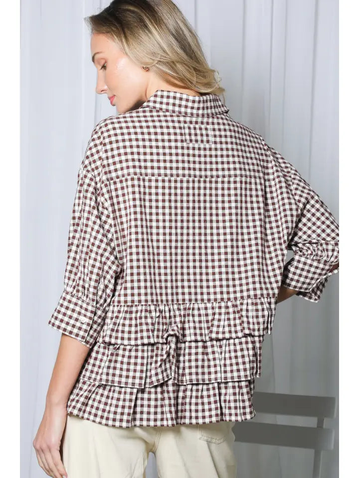Brown Gingham Ruffle Accent Shirt