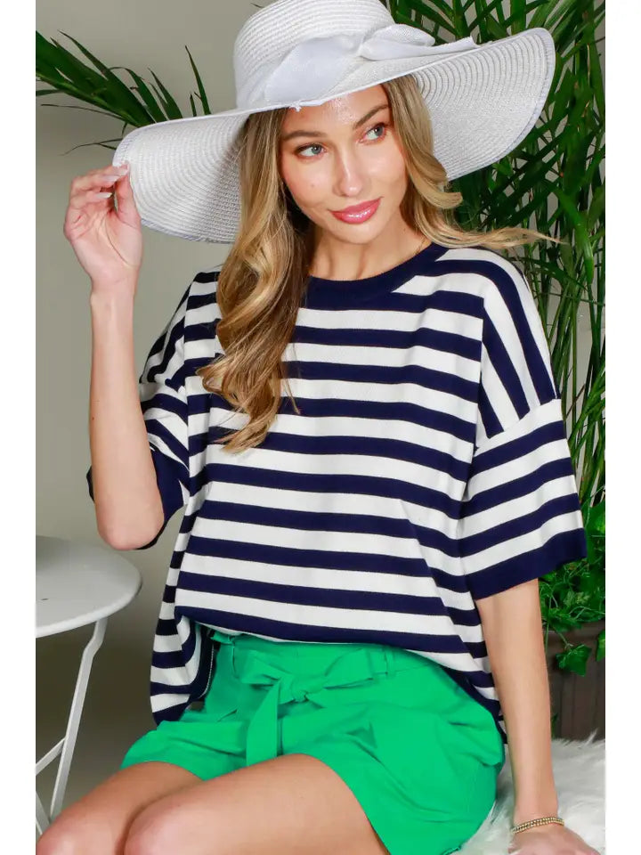 Crew Neck Short-Sleeve Stripe Knitted Sweater Top