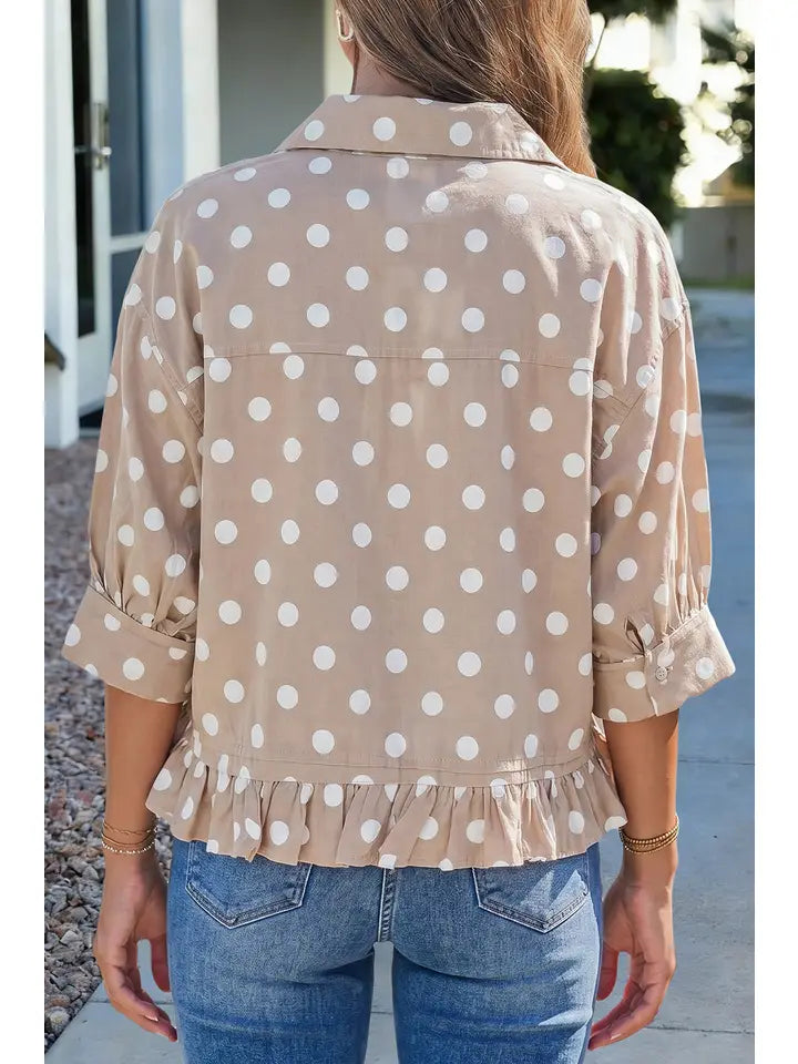 Khaki Polka Dot Button Up Shirt with Ruffle Hem