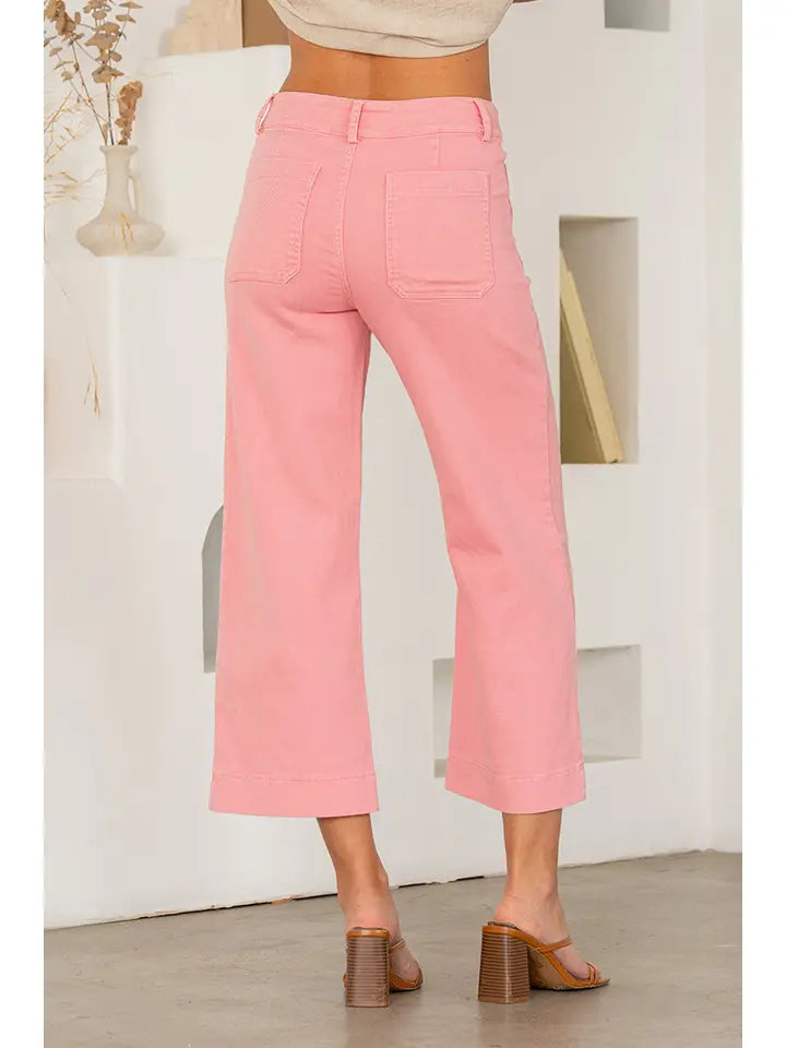 Lt Pink Relaxed Fit Wide Leg Cropped Pants