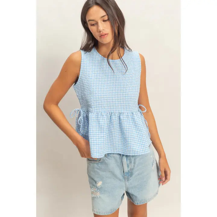 Gingham Sleeveless Peplum Top with Side Ties