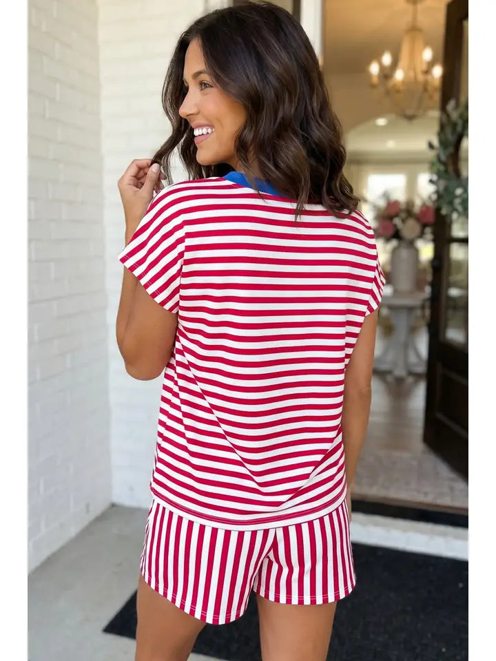 Red & White Striped Colorblock Tee and Short Set
