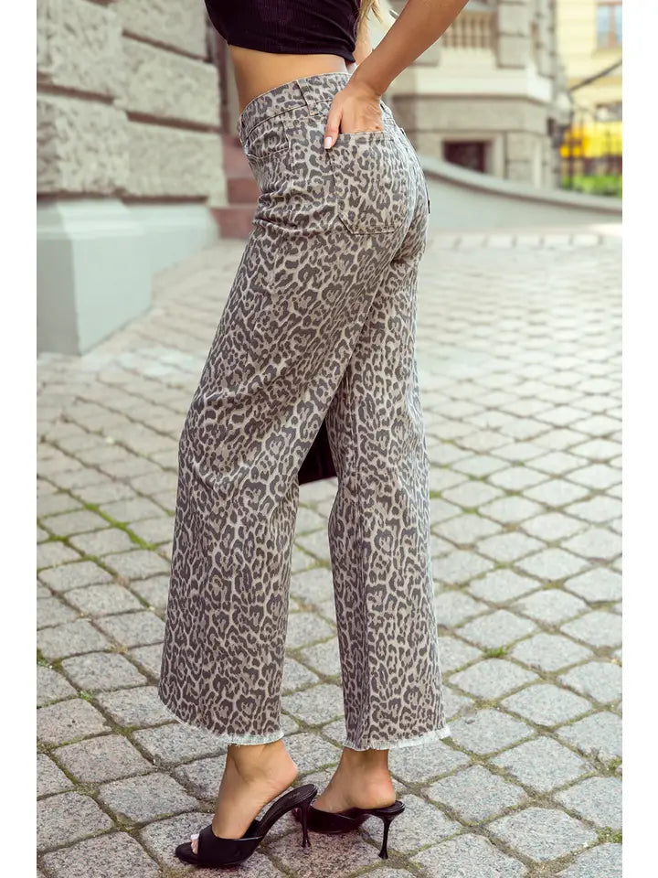 Leopard Frayed Edge Wide Leg High Waist Jeans
