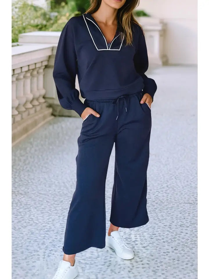 Contrast Piping Zipped Pullover Cropped Pants Set