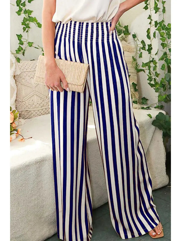 Navy High-Rise Smocked Band Pocket Wide Leg Pants