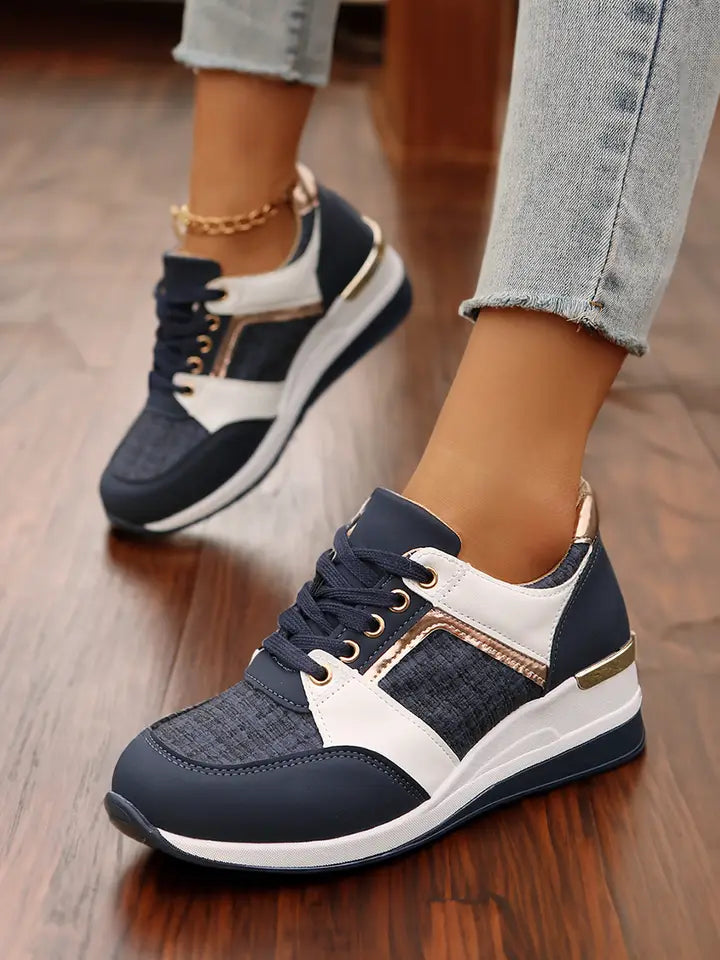 Glitter Patched Lace-Up Wedge Sneakers