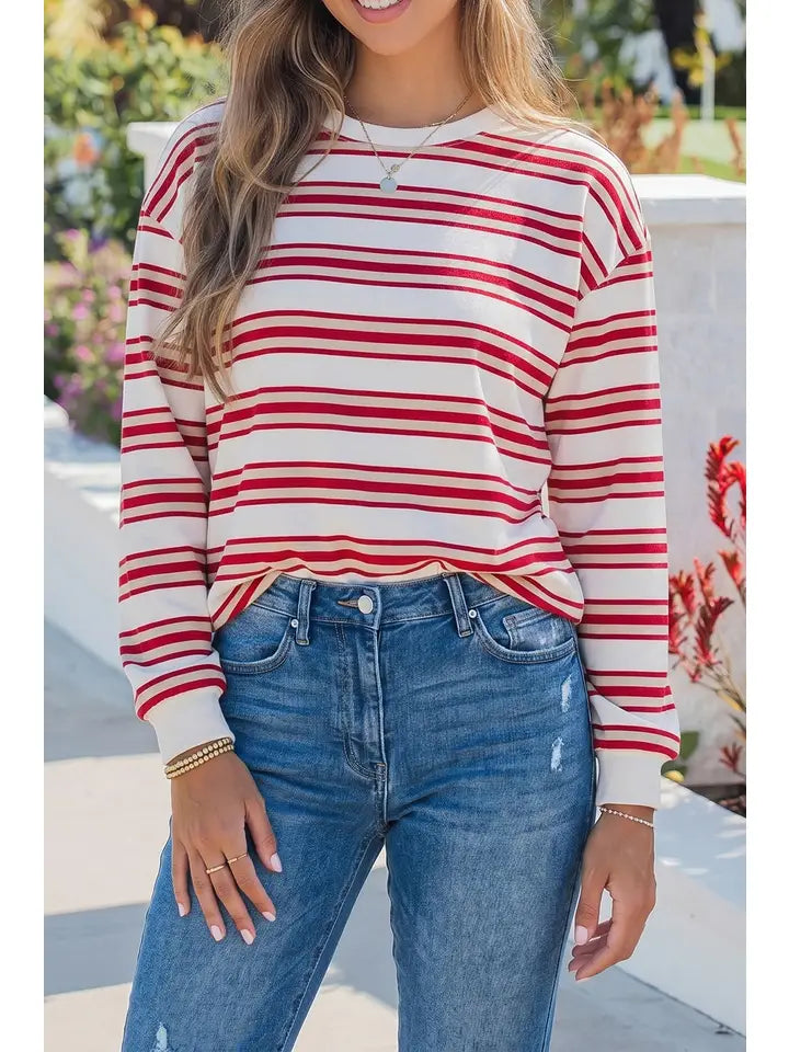 Casual Loose Fit Long Sleeve Red Striped Pullover Top